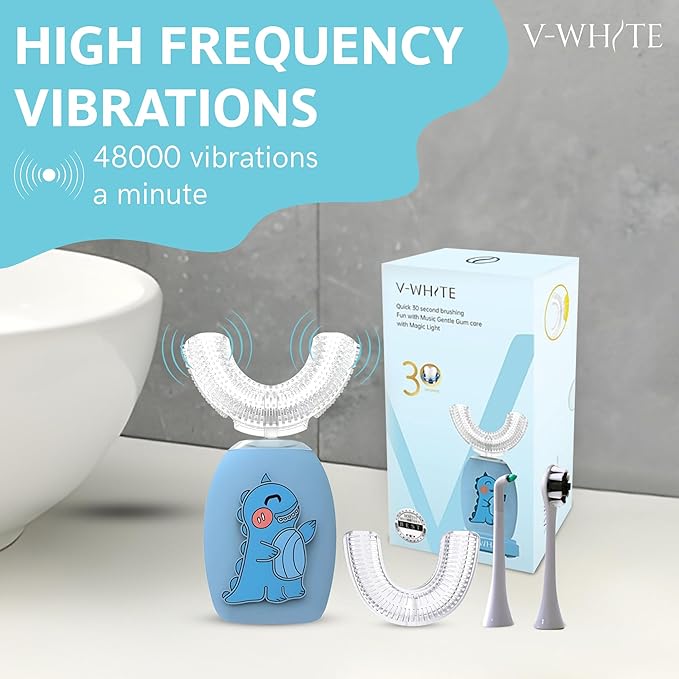 V-WHITE Kids Auto Brush Ultrasonic U-Shaped Toothbrush – 360° Teeth Cleaning, Hands-Free Electric Autobrush for Kids – Gum Protection, Waterproof IPX7, Wireless Charging (Blue)
