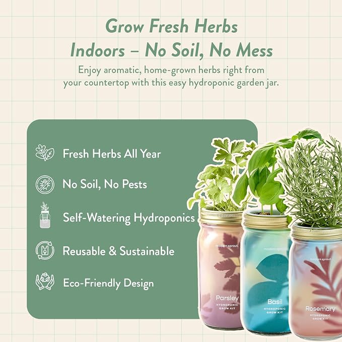 Modern Sprout Garden Jars+Smart Growbar Bundle- Self-Watering Hydroponic Herb Growing Kit with Full-Spectrum LED Grow Light, Organic Herb Seeds, Smart App, Adjustable Brightness, Gift for Mother's Day