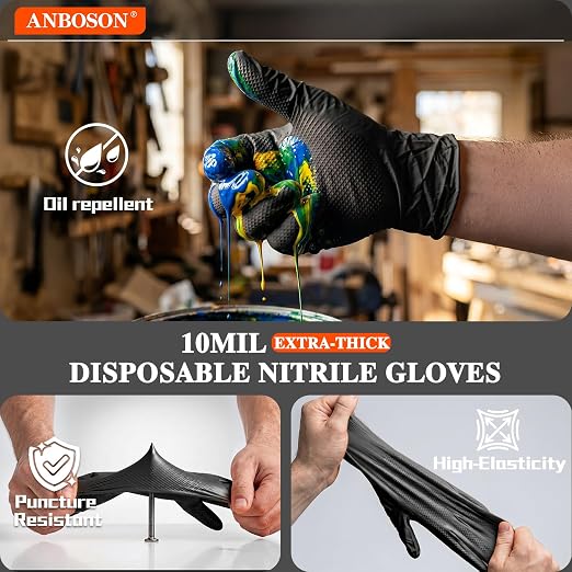 ANBOSON 10 Mil Heavy Duty Industrial Nitrile Gloves, Black Large 500 Count | 500 Ct Diamond Texture, Disposable Latex Free Rubber Gloves for Auto Repair,Workshop,Warehouses,Chemical Handling Industrial