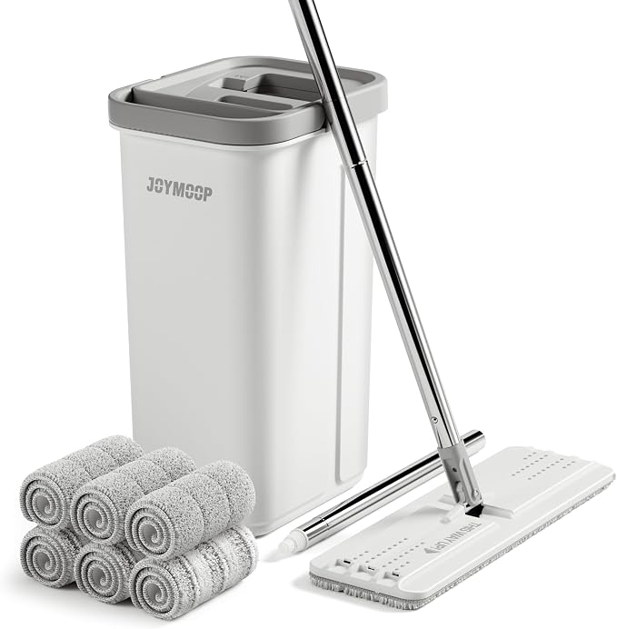 JOYMOOP Microfiber Flat Mop System with Bucket, White, Hands-Free Floor Cleaning Set, Wet and Dry Use, 6 Reusable Pads