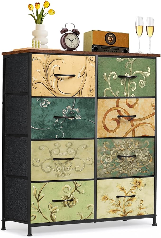 8-Drawer Dresser for Bedroom, Anti-Tip Tall Storage Organizer Chest of Drawers with Wooden Top and Metal Frame Fabric Bins for Closet, Living Room, Hallway, Entryway, Floral Painted