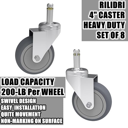 RILIDRI 4-Inch Swivel Stem Caster, 7/16-Inch Stem Diameter Rubber Wheel, Heavy Duty TPR Replacement Wheels for Rubbermaid Mop Bucket Cart Grill Casters - 8 Pack