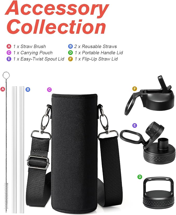 Coolflask Water Bottle 24 oz Insulated with Straw, Stainless Steel Metal 3 Lids Water Flask Wide Mouth for Sports or Office, Non-BPA Keep Cold Up to 48 Hrs or Hot Up to 24 Hrs, White & Black
