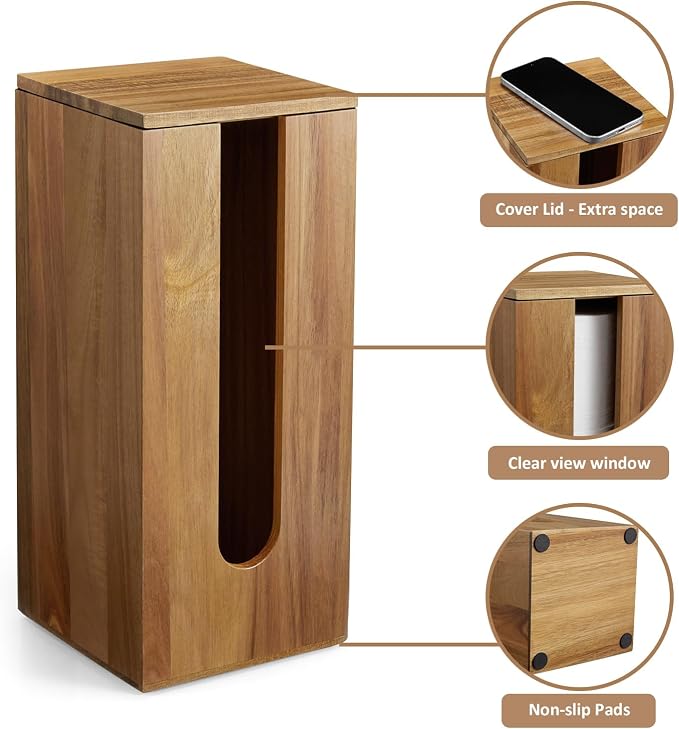 OUTNILI Freestanding Toilet Paper Holder Stand with Lid, Acacia Wood Bathroom Storage Organizer, Rustic Farmhouse Toilet Paper Holder for Floor, Holds 3 Extra Large Rolls