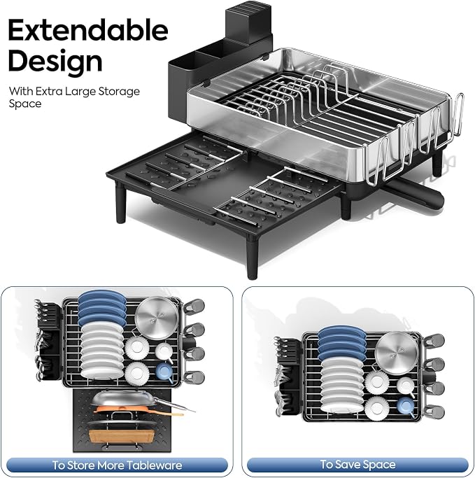 Urackify Expandable Dish Drying Rack, Stainless Steel, Large Capacity | Multifunctional Drainboard for Kitchen Countertop, Removable Cutlery Tray, Foldable Cup Holder, 20.4"L x 20"W, Silver