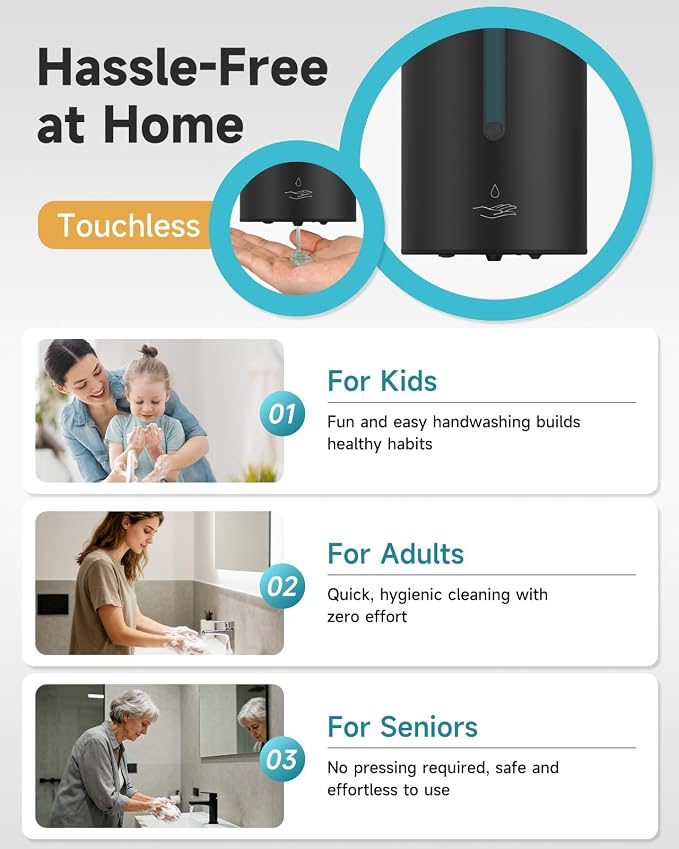 AIKE Automatic Liquid Soap Dispenser,25oz Capacity for Bathroom,Matteblack | No-Drill and Screw Wall Mount Install Design for Space-Saving,4*AA batteries(Not Included) Ensure Long Standby,Model AK1205E