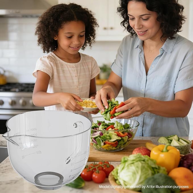 Glass Mixing Bowl 5QT Compatible with KitchenAid 4.5 & 5-Quart | Tilt-Head Stand Mixers, Includes Spout Cover, Measurement Markings & Lid, Dishwasher Safe, Microwave & Freezer Safe