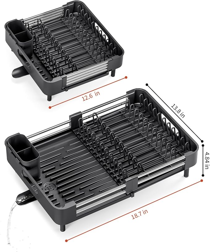 TOOLF Expandable Dish Drying Rack with Cutlery Holder, Standard, Black | Stainless Steel &PP, Extenable 12.6"-18.7"D, Anti-Rust, Auto-Drainage, Space-Saving, Fit for RV, Apartment Sink Countertop