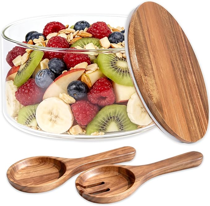 Glass Salad Bowl with Lid, 9.8" Large Glass Mixing Bowls with Acacia Wood Lids Set & Serving Utensils, 200oz Trifle and Serving Bowl for Salads, Fruit, Pasta, Dessert, Popcorn, Microwave Safe
