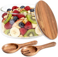 Glass Salad Bowl with Lid, 9.8" Large Glass Mixing Bowls with Acacia Wood Lids Set & Serving Utensils, 200oz Trifle and Serving Bowl for Salads, Fruit, Pasta, Dessert, Popcorn, Microwave Safe
