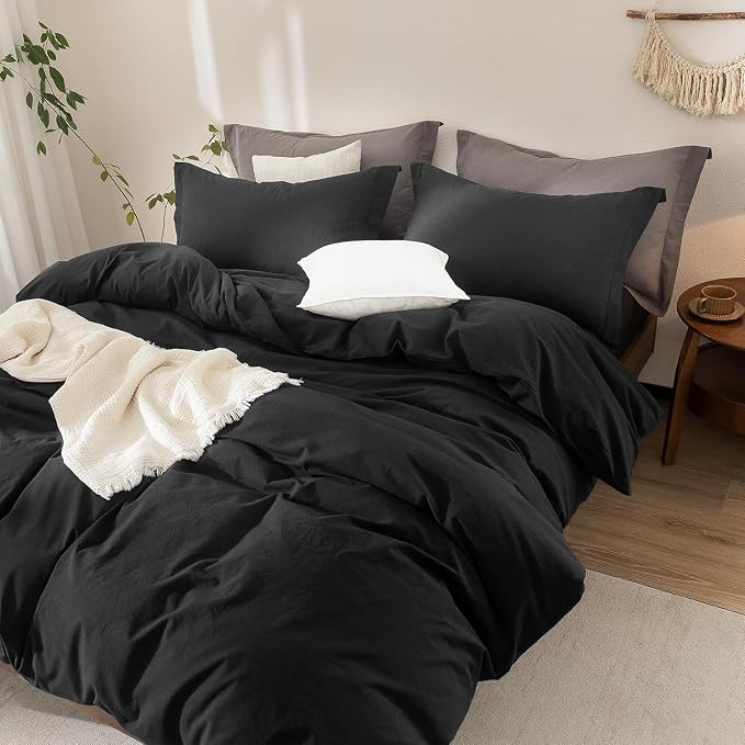 Black Duvet Cover Super King Size 100% Washed Cotton Bedding Set Cover 1 Duvet Cover with Zipper Closure and 2 Pillowcases, 108inch x 98inch