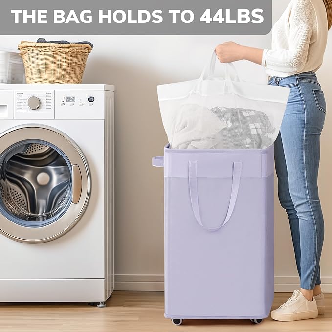 Goodpick Laundry Basket with Wheels 2-Pack, 75L Collapsible Laundry Baskets with Removable Wash Bag, Clothes Laundry Hamper on Wheels, Light Purple
