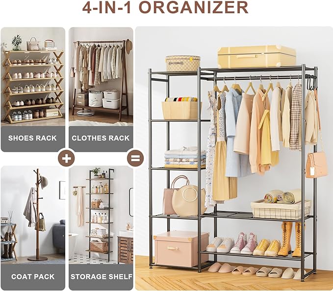 Neprock Wardrobe Closet, Portable Clothing Rack for Hanging Clothes, Free Standing Closet Organizers and Storage System with 4 Tiers Shelves for Cloakroom Bedroom,Black