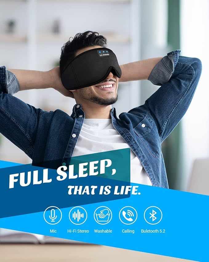 Sleep Mask with Headphones Bluetooth 5.4, LC-dolida Wireless Music Eye Mask for Sleeping Headphones with Soft Silk Cooling Breathable,Ultra-Thin Stereo Speaker for Side Sleepers-Raven