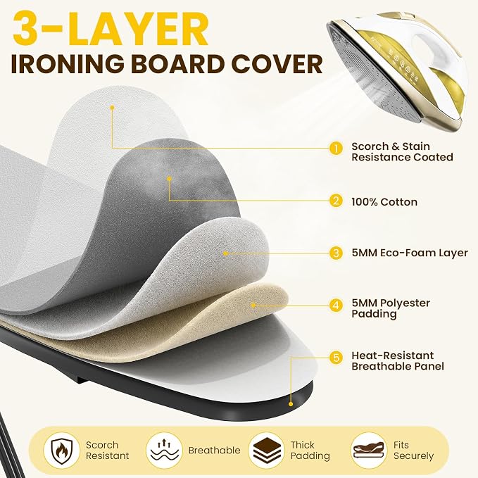KINGBOARD 2-in-1 Stander & Steam Foldable Ironing Board with Iron Rest | 13 x 43 inchs, Height Adjustable, Alloy Structure, Non-Slip Feet, Space Saving for Laundry Rooms, Bedrooms, Dormitories