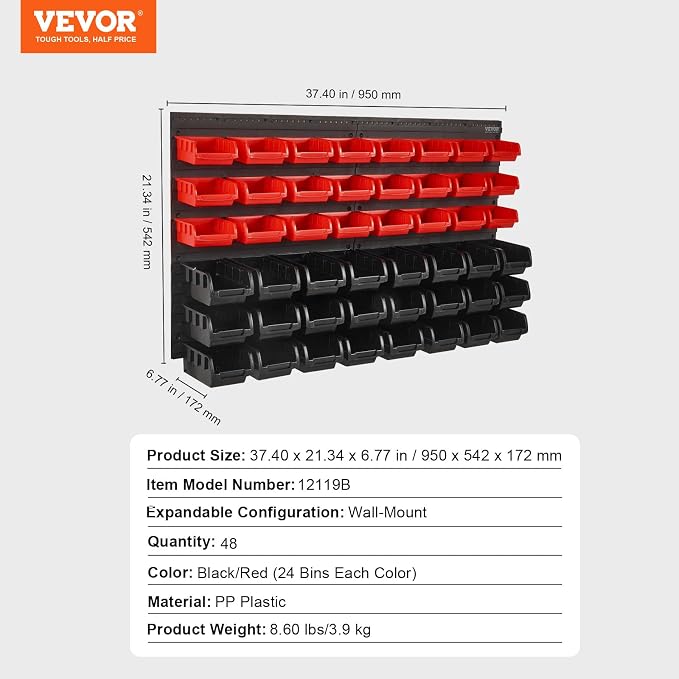 VEVOR 48-Bin Wall Mounted Storage Bins Parts Rack Organizer Garage Shop Tool Organizer for Screws, Nuts, Bolts, Nails, Beads, and Small Hardware Parts, With Wall Panels
