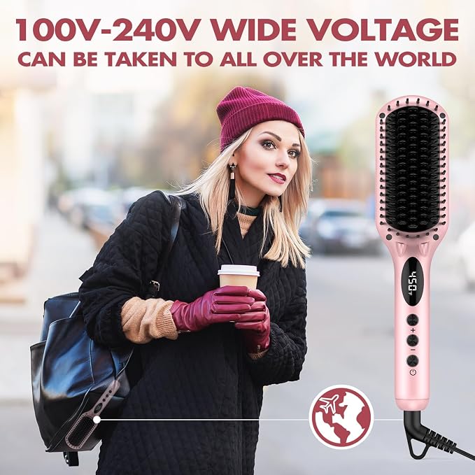 Enhanced Hair Straightener Heat Brush by MiroPure, 2-in-1 Ceramic Ionic Straightening Brush, Hot Comb with Anti-Scald Feature, Auto Temperature Lock & Auto-Off Function (Pink) 4 Piece Set
