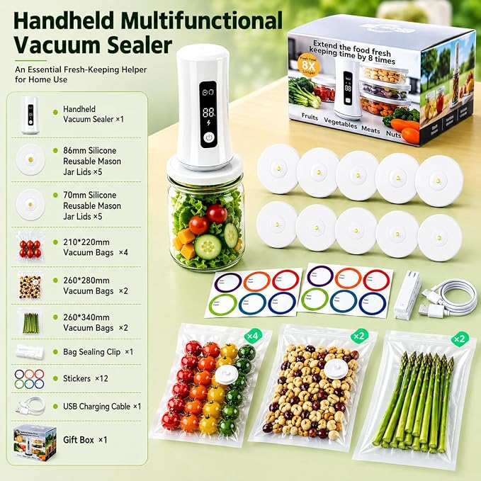 4-in-1 Handheld Vacuum Sealer for Food with Reusable Canning Lids | Rechargeable Portable Vacuum Sealer, Multi-use for Canning Lids, Vacuum Bags, Storage Containers & Wine Preservation