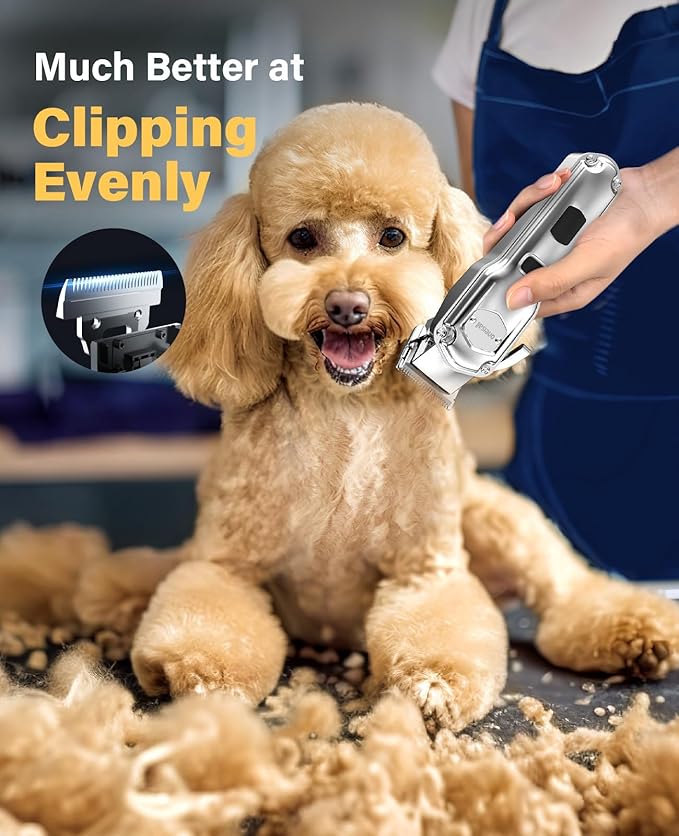 oneisall Dog Grooming Kit for Thick/Matted Hair with Stainless Steel Blade | Powerful Motor, Dog Clippers+Paw Trimmers, IPX7 Waterproof, Low Noise, Cordless & Long Battery Life