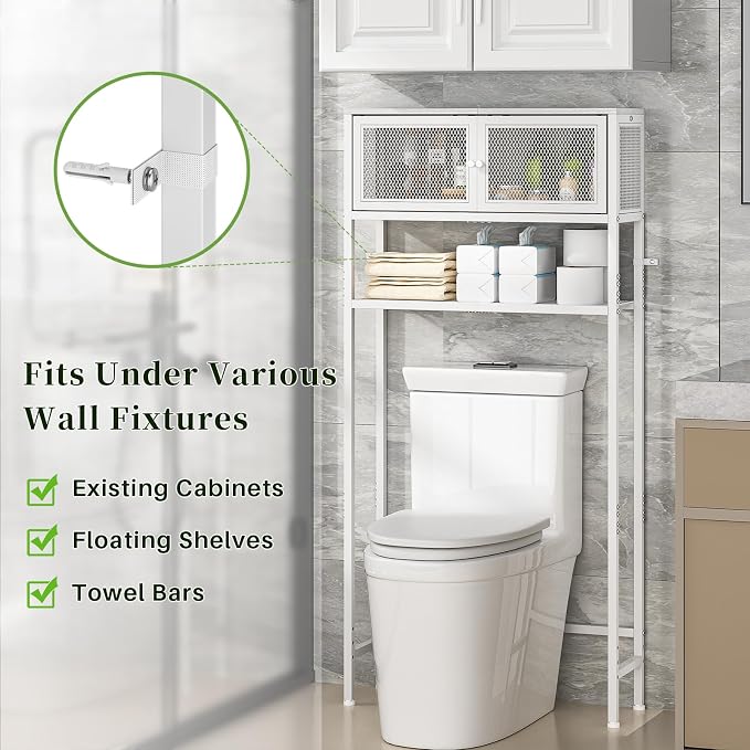 ThreeHio Over the Toilet Storage Cabinet with Doors, Bathroom Organizer Shelf Above Toilet, Bathroom Storage Cabinet Over Toilet, Freestanding Space Saver Metal Shelves for Small Space, White
