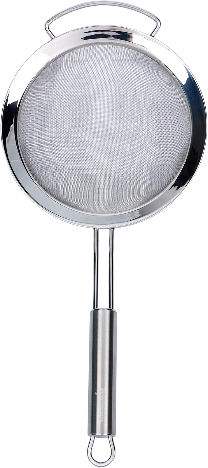 Restaurantware 17 in Stainless Steel Fine Mesh Strainer - German Standard Sieve Sifter with Ergonomic Handle, Dishwasher Safe - Reinforced Metal Food Strainer for Quinoa, Soup, Sauce, Baking