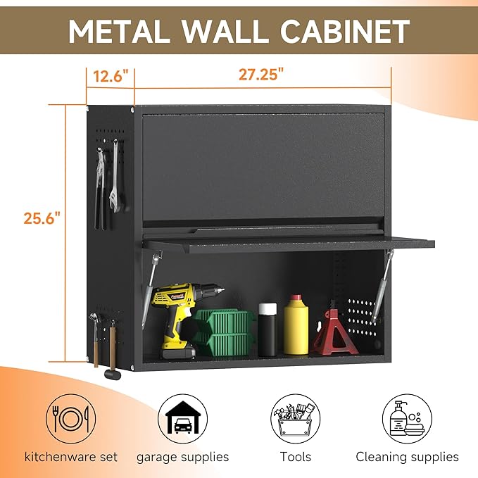 2 Door Garage Wall Cabinet with Up-Flip Door, 25.6" H Metal Wall Cabinet | Wall Mounted Metal Storage Cabinet for Garage,Basement,Ware House Assembly Required