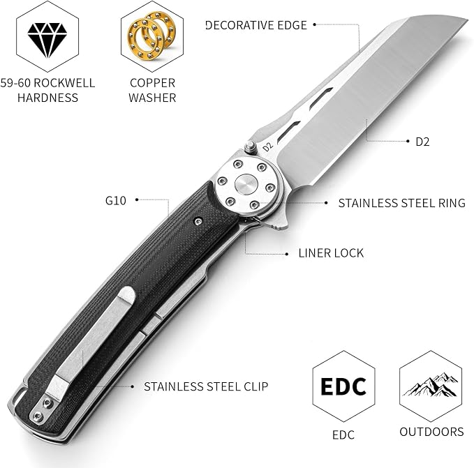 Pocket Knife Folding Knife EDC Knife 9.4in D2 Steel G10 Handle | D2 Steel Blade & G10 Handle: BTFVLY Folding Pocket Knife with sharp blade, durable grip for EDC, camping & outdoor use.