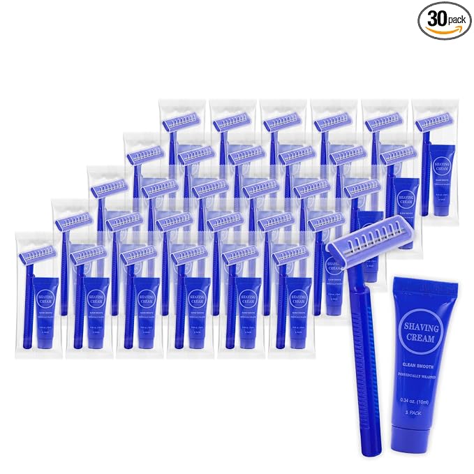 Disposable Razor Shaving Cream Set, Individually Wrapped Manual Twin Blade Shaving Razors in Bulk with Mini Smooth Shaving Cream Toiletries for Hotel Charity Camping Travel Homeless 0.34oz (30 Pack)