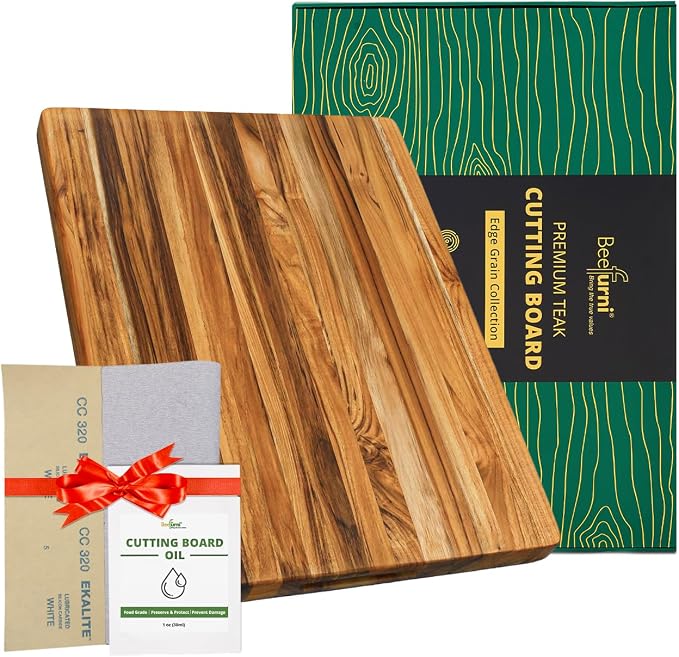 Teak Wood Cutting Board with Hand Grip (20x15x1.25", M) | Wooden cutting boards for kitchen, wood chopping board, butcher block, charcuterie board for serving. Gift box included