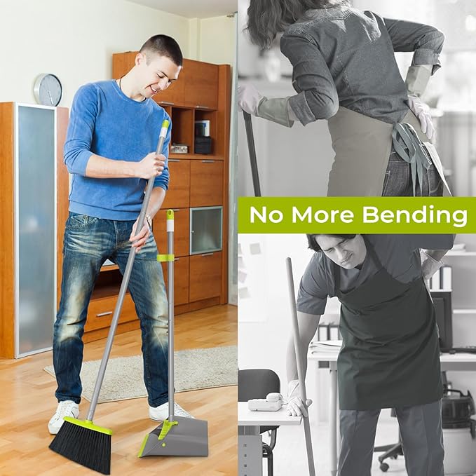 Broom and Dustpan Set with Long Handle 52", Standing Broom and Dust Pan Set for Home Kitchen Room Office Lobby Green
