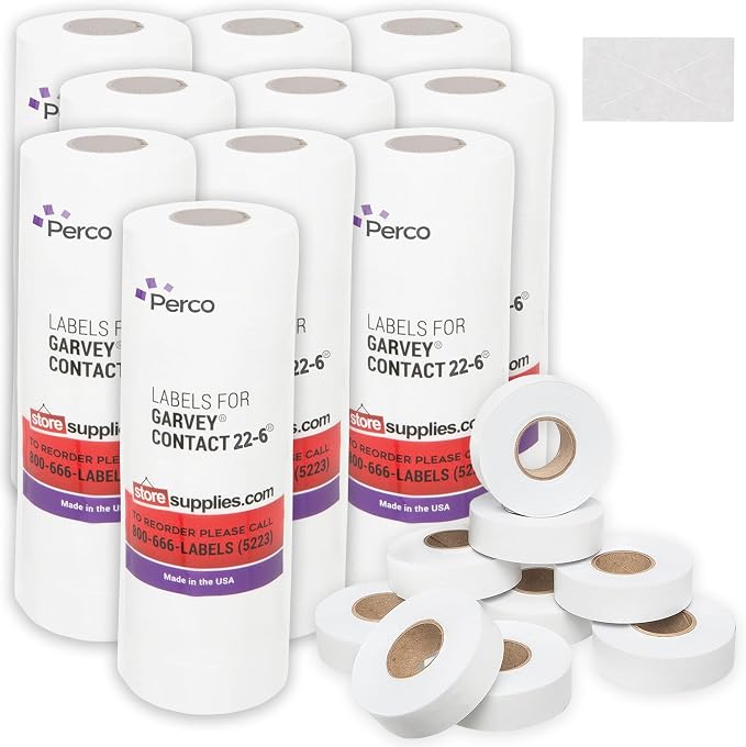 Perco White Price Marking Labels - 110,000 Blank Labels for Garvey 22-6/22-7/22-8 Price Gun with Ink Rolls Included - 90 Rolls, 10 Sleeves - Made in USA