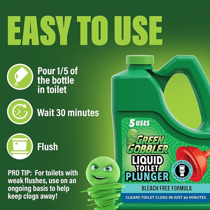Green Gobbler Liquid Toilet Plunger | Clog Remover | Safe for Toilets and Septic | No Plunger Needed | 5 Uses