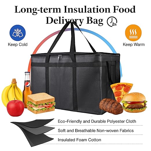 Bodaon 3 Pack Insulated Food Delivery Bags, XXXL Catering Cooler Bag Black | Keeps food hot or frozen for grocery shopping, catering, pizza and rideshare delivery; great for travel and car trips