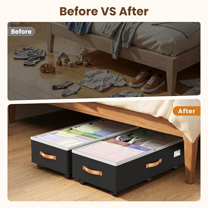 80L 2 Pack Adjustable Under Bed Storage with Wheels | Underbed containers with clear lids, rolling under bed shoe storage organizer for dorm home clothes, blankets, toys, black