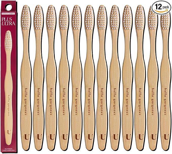 Biodegradable and Eco-Friendly Bamboo Toothbrush 12-Pack - BPA Free Soft Bristle - Dentist-Approved and All-Natural with "Hello Gorgeous" Etched on Handles by Plus Ultra