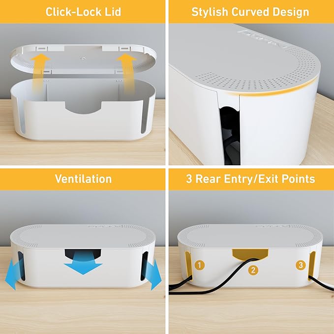 D-Line Cable Management Box with 6 AC Outlet 6ft Power Strip, Hide Extension Cords and Excess Wire Clutter, 16.5in (L) x 4.5in (H) x 5in (W) - Large, White
