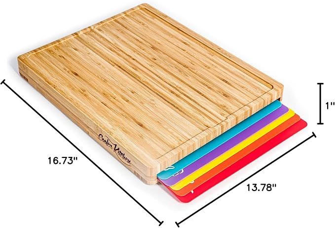 Cooler Kitchen Personalized Cutting Board Set - Custom Engraved Bamboo Charcuterie Board Set with 6 Color-Coded Mats — Engagement Gift, Wedding Gift, Housewarming Gift for Couples & Newlyweds - Large
