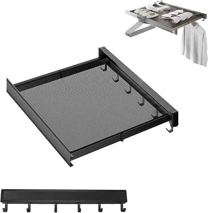 Wall Mounted Drying Rack With Net, Foldable Laundry Drying Rack With Adjustable Hook, Drying Folding Telescopic Flat, Retractable Clothes Hanger Rack,Collapsible Drying Rack For Indoor(Black,60cm)