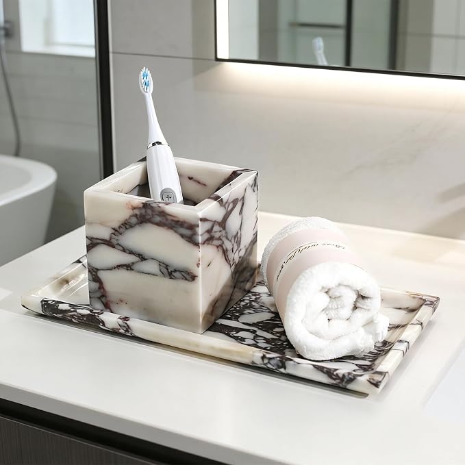 Natural Marble Makeup Brush Holder for Vanity, Marble Toothbrush Holder for Bathroom, Luxurious Countertop Organizer, Calacatta Viola Bathroom Accessories Square