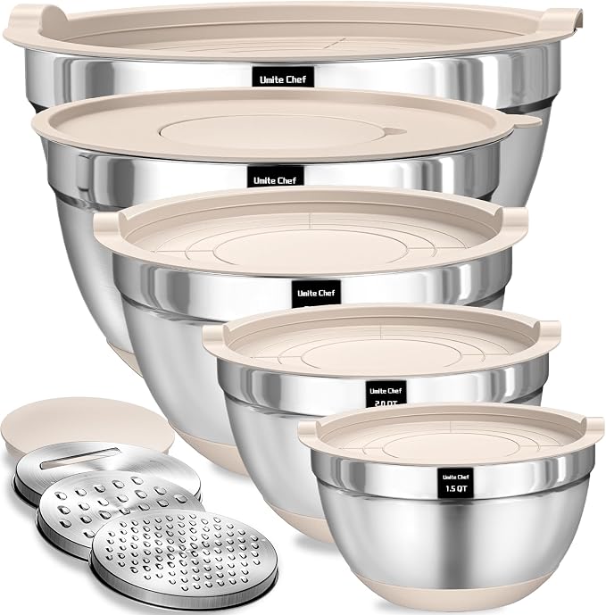 Umite Chef Mixing Bowls with Airtight Lids Set, 8PCS Stainless Steel Nesting Bowls with Grater Attachments, Non-Slip Bottoms, 5, 4, 3.5, 2, 1.5QT for Mixing & Serving