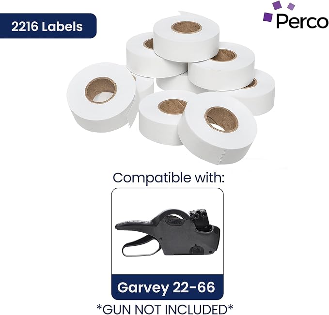 Perco White Price Marking Labels - 90,000 Blank Labels for Garvey 22-66/22-77/22-88 Two Line Pricing Gun with Ink Rolls Included - 90 Rolls, 10 Sleeves - Made in USA