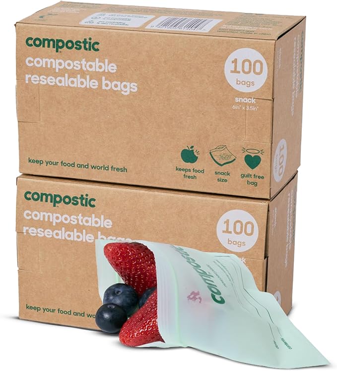 Compostic Compostable Snack Bags, Snack Size (180 + 20 Count) Bulk Pack — Resealable Zip-Seal, Plant-Based, Home Compostable, Freezer Safe, BPA-Free, Non-Toxic, GMO-Free Food Storage Bags
