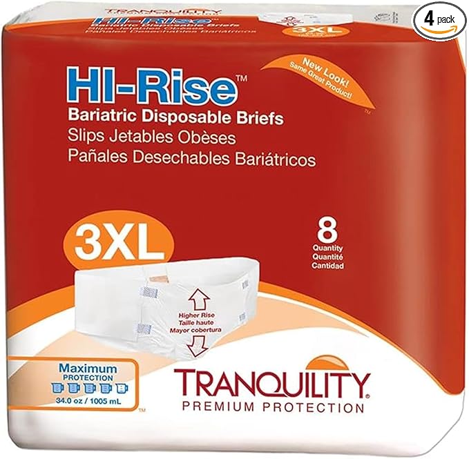 Tranquility Bariatric Disposable Briefs 3X-Large with HI-Rise High Waistline, Peach Mat Core & Secure Kufguard Technology for Skin Integrity, Latex-Free, 34oz Capacity, 32ct Case