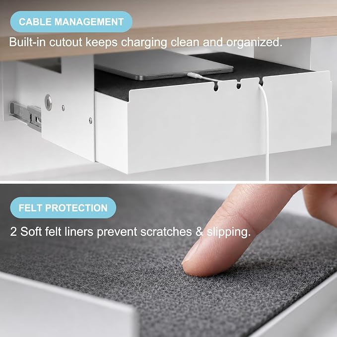 Under Desk Slide Out, Lockable Steel Storage Drawer with Lock and Keys, Full-Extension Slides, Undermount Drawer for Home Office & Standing Desk, 13.8 Inch, White