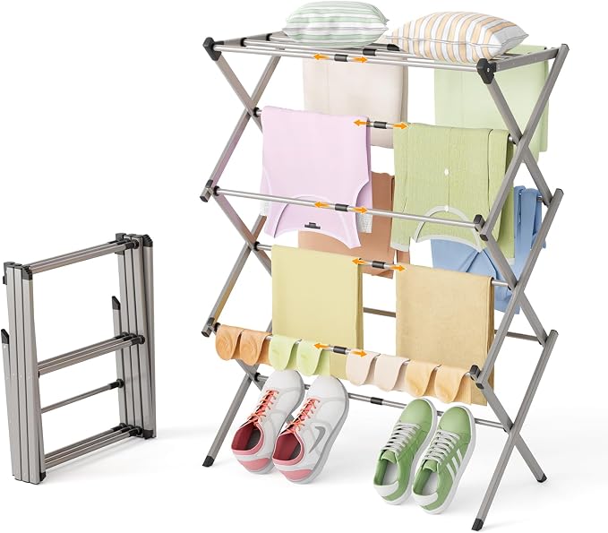 Collapsible Floor Drying Rack - Free Standing Accordion Laundry Dryer, Retractable Metal Clothes Hanger with Shoe Storage, Heavy Duty Rustproof Airer for Bathroom, Balcony & Delicates