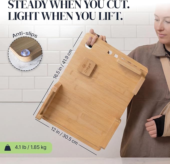 Adaptive One-Handed Cutting Board with Stainless Spikes, Safety Peeler, Bread Stops, Movable Block & 6 Mandoline Blades — Bamboo Kitchen Tool to Cook with One Hand