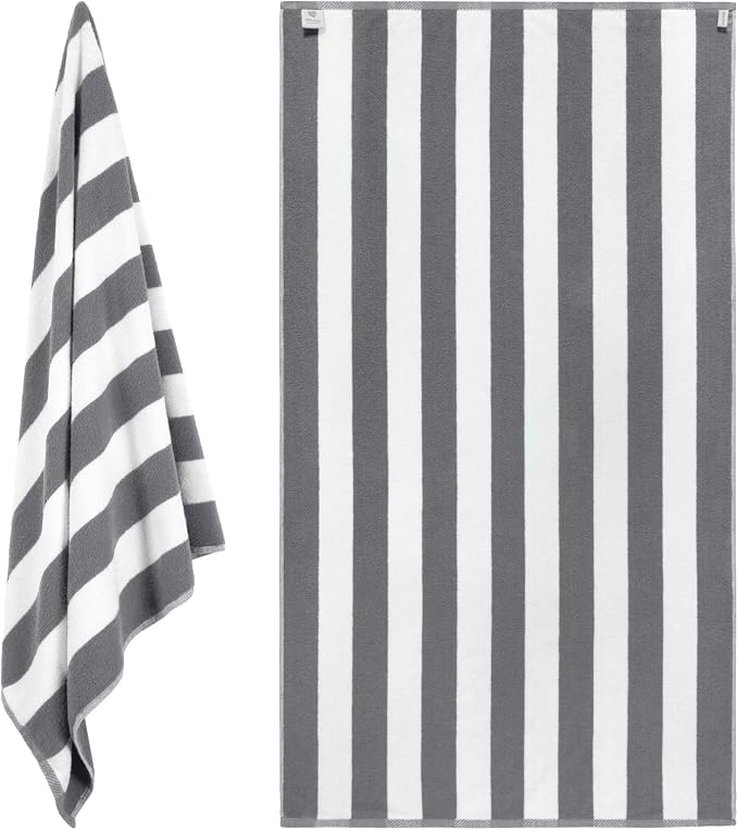 White Classic Beach Towels Oversized Cabana Stripe Cotton Bath Towel Large - Luxury Plush Thick Hotel Swim Pool Towels for Adults Super Absorbent Quick Dry - 35x70 Grey [2 Pack]