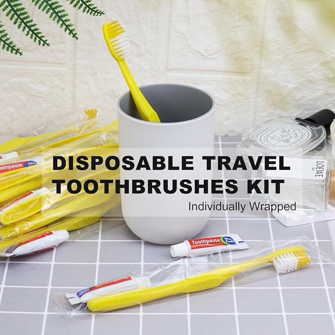 Disposable Toothbrushes with Toothpaste,300 Pack Yellow Hollow Individually Wrapped Disposable Travel Toothbrushes Kit in Bulk for Homeless,Nursing Home,Hotel,Charity | Individually Wrapped Disposable Travel Toothbrushes Kit in Bulk for Homeless,Nursin...
