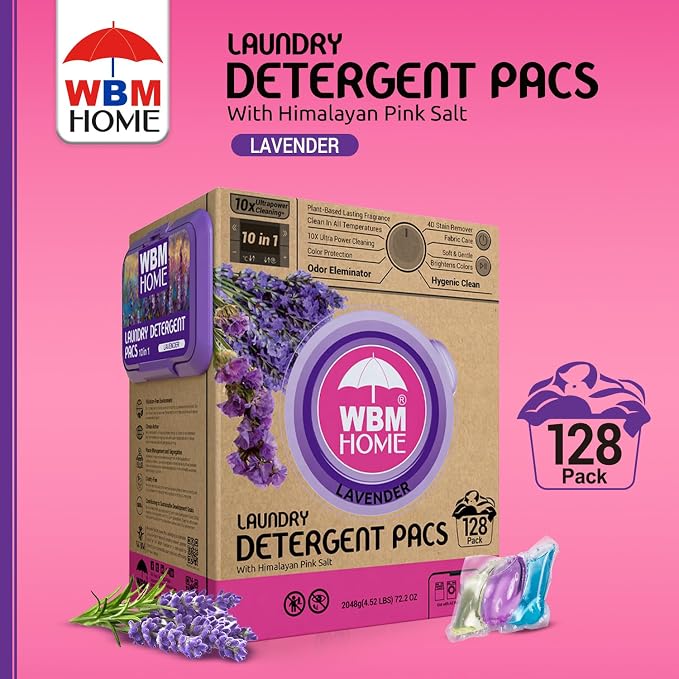 WBM 10-in-1 Laundry Detergent Pods, Fabric Softener with Lavender Extracts, High-Efficiency Laundry Pods with Powerful Stain Lifter Technology - 128 Count Bag