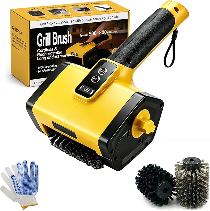 Electric BBQ Grill Brush,3000mAh Electric Grill Cleaner for Outdoor Grill, 2-Speed Power, Type-C Charging, 2 Brush Heads & LED Light, Motorized Grill Cleaning Brush for Camping & Family BBQ(Yellow)
